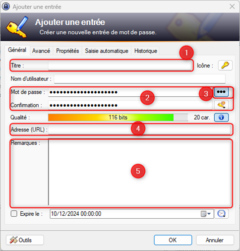 Champs de la nouvelle entrée KeePass
