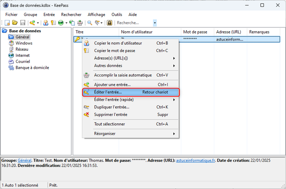 Editer une entrée dans KeePass