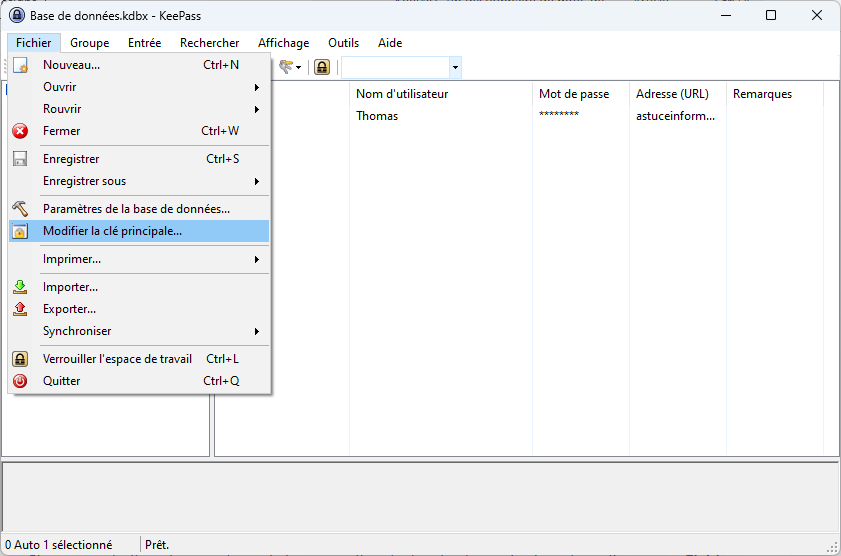 Changer le mot de passe principal dans KeePass