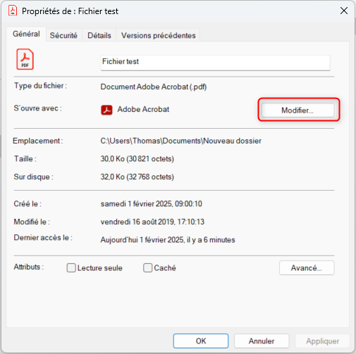 Modifier dans Propriétés