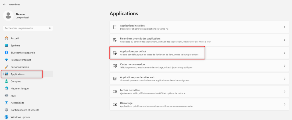 Applications par défaut