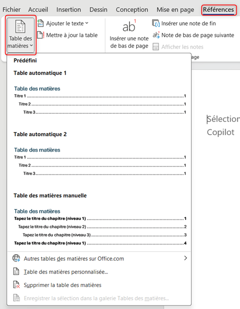 Références, Table des matières