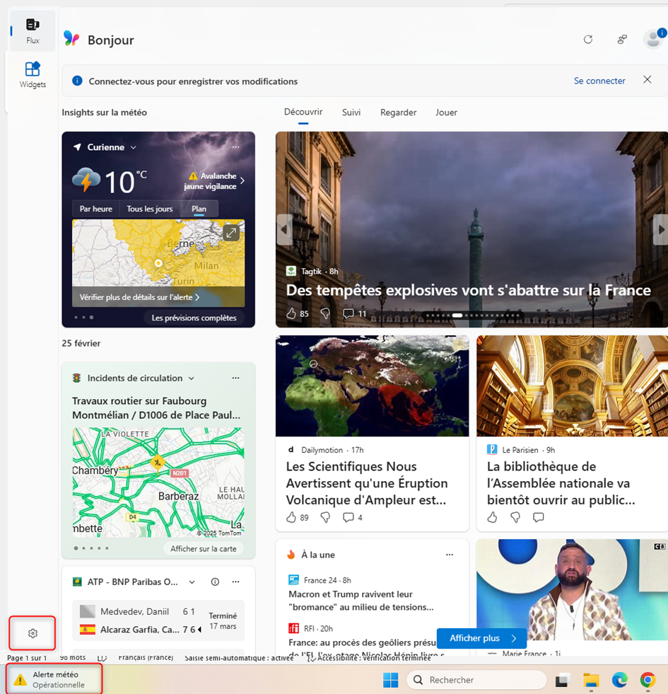 Météo puis Paramètres