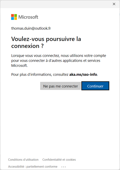 Continuer la connexion à OneDrive